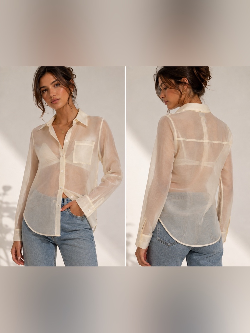 NWT Nicole Miller New York Sheer Organza Button Down Shirt Ivory XS